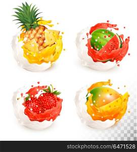 Collection of fruit in a milk and jiuce splash. Mango, pineapple. Collection of fruit in a milk and jiuce splash. Mango, pineapple, strawberry, watermelon. Vector Set . Collection of fruit in a milk and jiuce splash. Mango, pineapple, strawberry, watermelon. Vector Set
