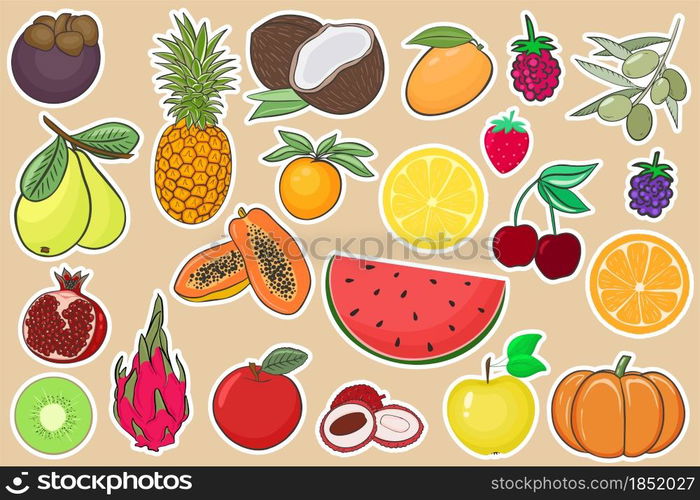 Collection of fruits and berries stickers vector illustration. A large set of summer exotic fruits, juicy and ripe berries. Organic healthy food stickers.. Collection of fruits and berries stickers vector illustration.