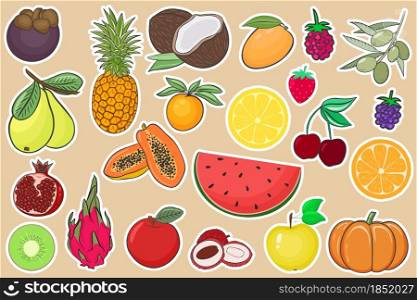 Collection of fruits and berries stickers vector illustration. A large set of summer exotic fruits, juicy and ripe berries. Organic healthy food stickers.. Collection of fruits and berries stickers vector illustration.