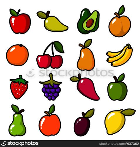 Collection of fruits in cartoon style. Fruit food cartoon, apple and lemon, banana and sweet pear. Vector illustration. Collection of fruits in cartoon style