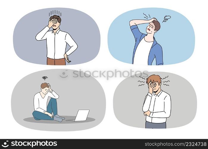 Collection of frustrated men feel distressed with mistake or error. Set of unhappy worried guy suffer from problems have frustration or confusion. Work stress and anxiety. Vector illustration.. Collection of unhappy man distressed with mistake