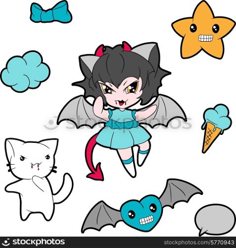 Collection of funny and cute happy kawaii characters.. Collection of funny and cute kawaii characters.