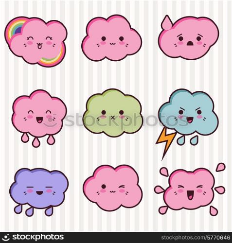 Collection of funny and cute happy kawaii clouds.. Collection of funny and cute happy kawaii clouds