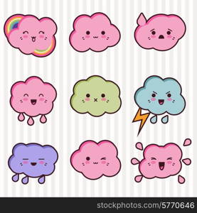 Collection of funny and cute happy kawaii clouds.. Collection of funny and cute happy kawaii clouds
