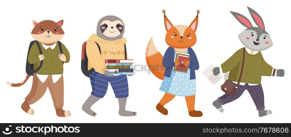 Collection of funny animals students. Cartoon pupils schoolkids in uniform go to school for lesson. Characters of forest inhabitants get an education, studying with books, holding school bags isolated. Collection of funny animals students. Cartoon pupils schoolkids in uniform go to school for lesson