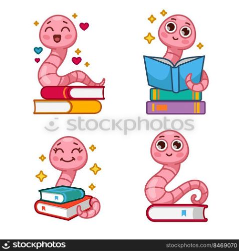 Collection of funny cartoon bookworm character reading books and smiling