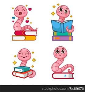 Collection of funny cartoon bookworm character reading books and smiling