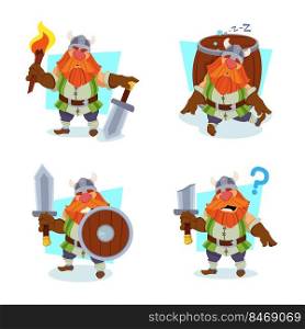 Collection of funny cartoon viking character sleeping, holding shield and sword 