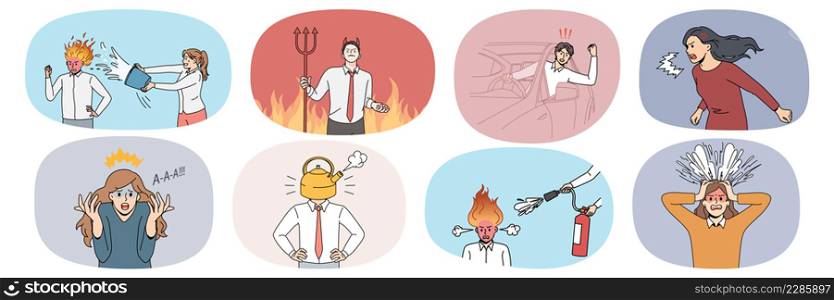 Collection of furious people yell feel distressed in life situations. Set of angry men and women scream and shout show rage and fury. Uncontrollable emotions concept. Vector illustration. . Collection of furious people scream and yell
