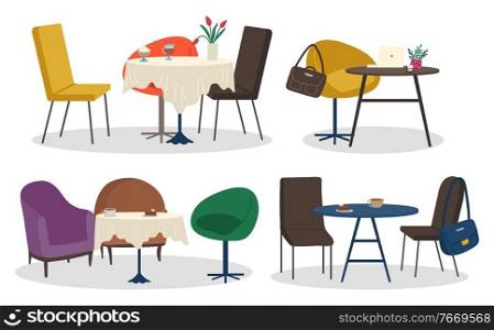 Collection of furniture of cafe or restaurant. Set of isolated tables and chairs. Desks with tablecloth and served coffee. Comfortable armchairs and decorative flowers in pots or vases vector. Restaurant or Cafe Furniture Tables and Chairs Set