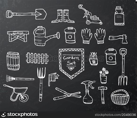 Collection of garden doodle sketch elements on black chalkboard background. Vector illustration.