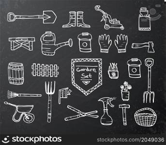 Collection of garden doodle sketch elements on black chalkboard background. Vector illustration.