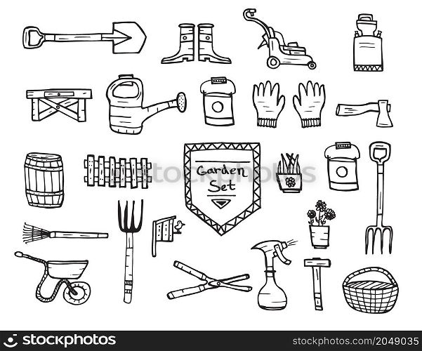 Collection of garden doodle sketch elements on white background. Vector illustration.