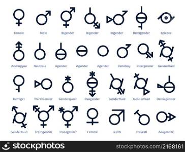 Collection of gender icons or signs for sexual freedom and equality in modern society. 29 symbols for pride month or any sexual diversity rights movement