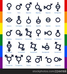 Collection of gender icons or signs for sexual freedom and equality in modern society. 29 symbols for pride month or any sexual diversity rights movement