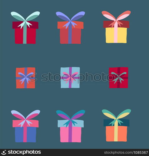 Collection of gift boxes on green backdrop. Christmas, Valentine, Anniversary, birthday. Holiday element set.. Collection of gift boxes on green backdrop.