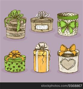 Collection of gift present boxes with bows, ribbon, hearts and labels vector illustration