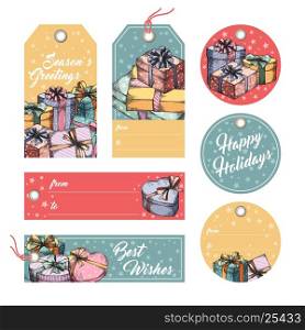 Collection of gift tags, badges, labels template. Set of gift paper tags with hand drawn graphic sketch of boxes with presents
