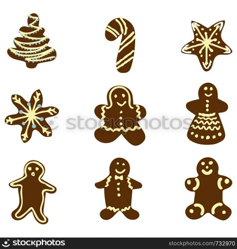 Collection of Gingerbread biscuit festive season. Cute Christmas tree toys color illustration. Hand drawn clipart. Flat style illustration. Greeting card, poster, design element.. Collection of Gingerbread biscuit festive season