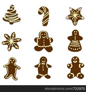 Collection of Gingerbread biscuit festive season. Cute Christmas tree toys color illustration. Hand drawn clipart. Flat style illustration. Greeting card, poster, design element.. Collection of Gingerbread biscuit festive season