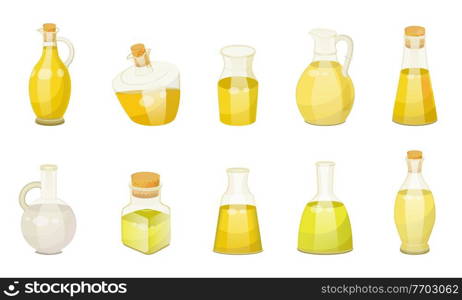 Collection of glass bottles with oils or essences for hair and skin treatment. Set of isolated containers for wellness and beauty of female body. Organic and natural ingredients, vector in flat. Oils of Different Fruits Poured in Bottles Set