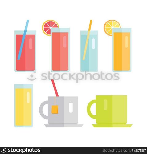 Collection of glasses and cups vector. Flat design. Sweet summer drinks concept. Beverage, water juice tea Illustrations for icons, label, print, logo, menu design, infographics. Isolated on white.. Set of Glasses and Cups with Beverages Vector.