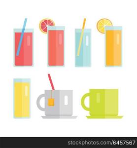 Collection of glasses and cups vector. Flat design. Sweet summer drinks concept. Beverage, water juice tea Illustrations for icons, label, print, logo, menu design, infographics. Isolated on white.. Set of Glasses and Cups with Beverages Vector.