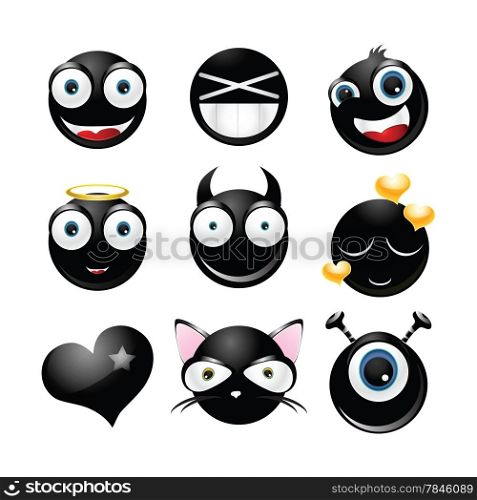 Collection of glossy black emoticons isolated on white background