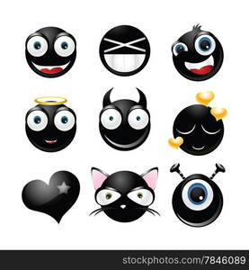 Collection of glossy black emoticons isolated on white background