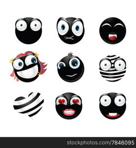 Collection of glossy black emoticons isolated on white background