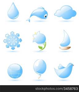 Collection of glossy blue nature icons with drop shadow