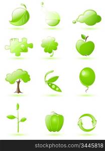 Collection of glossy green icons with drop shadow