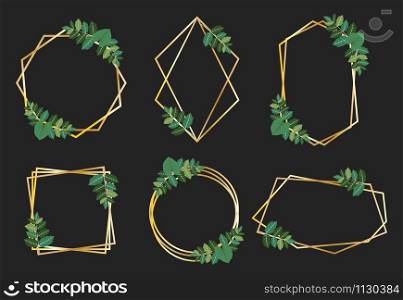 Collection of golden frames with green leaves design vector set
