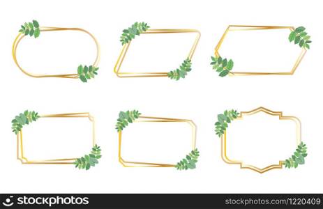 Collection of golden frames with green leaves design vector set