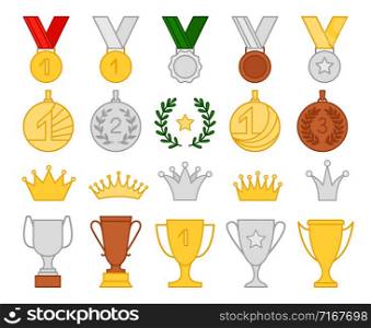 Collection of golden goblet and medal flat style. Vector competition achievement, goblet and award illustration. Collection of golden goblet and medal flat style