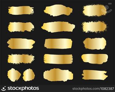 Collection of golden grunge brush stroke vector set isolated on dark background.