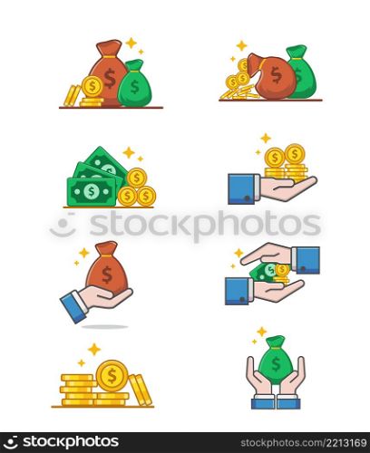 collection of Green Dollars, Coin and hand Icon isolated on white background. Money Vector Illustration