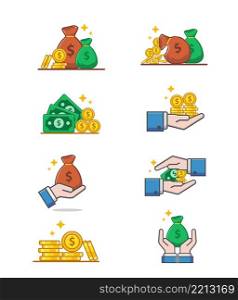 collection of Green Dollars, Coin and hand Icon isolated on white background. Money Vector Illustration