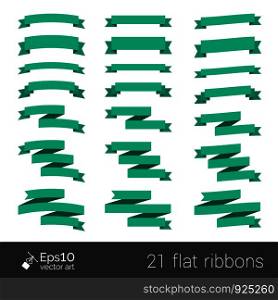 Collection of green flat style ribbons isolated on white with space for your text. Vector elements for your design. Paper origami.