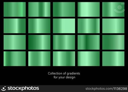 Collection of green gradient backgrounds. Set of green metallic textures. Vector illustration