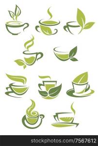 Collection of green or organic tea icons with vector doodle sketches in shades of green of steaming cups of tea each incorporating a leaf into the design for bio or eco concepts