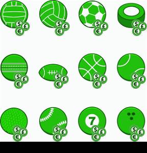 Collection of green sports balls with coins on top of them to symbolize sports betting