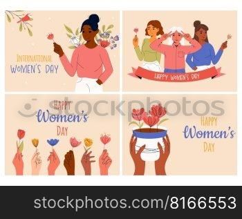 Collection of greeting card or postcard templates. 8 march, International Women’s Day. Girl power, feminism, sisterhood concept. Collection of greeting card or postcard templates. 8 march, International Women’s Day. Girl power, feminism, sisterhood concept.