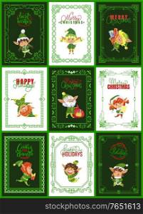 Collection of greeting cards for christmas and new year holidays. Elves characters on postcards with calligraphy lettering. Winter holidays congrats and celebration. Dwarfs set vector in flat. Best Wishes and Merry Christmas Cards with Elves