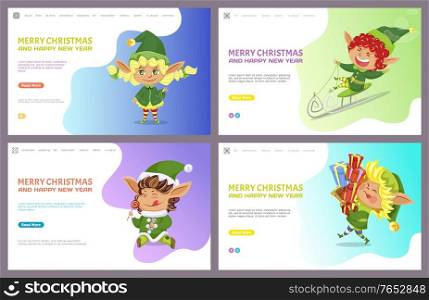 Collection of greetings for Christmas and new year. Winter holidays celebration. Elves with presents. Dwarf on sleds laughing. Website or webpage template, landing page, vector in flat style. Merry Christmas and Happy New Year Web Collection
