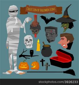 Collection of Halloween icons, vector illustration, simple design.