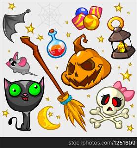 Collection of Halloween pumpkin and attributes for decoration. Witch cat, mouse, bat wing, candies, pumpkin, poison bottle, broom, skull and lantern icons. Halloween icon set