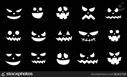 Collection of Halloween pumpkin faces icons. Scary faces ghost. Spooky pumpkin smile jack o lanter or frightened v&ire. Design for the holiday Halloween. Vector illustration. Collection of Halloween pumpkin faces icons. Scary faces ghost. Spooky pumpkin smile jack o lanter or frightened v&ire. Design for the holiday Halloween. Vector illustration.