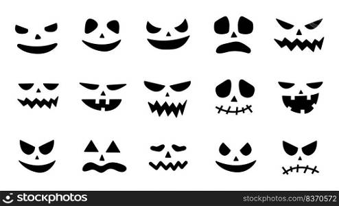 Collection of Halloween pumpkin faces icons. Scary faces ghost. Spooky pumpkin smile jack o lanter or frightened vampire. Design for the holiday Halloween. Vector illustration. Collection of Halloween pumpkin faces icons. Scary faces ghost. Spooky pumpkin smile jack o lanter or frightened vampire. Design for the holiday Halloween. Vector illustration.