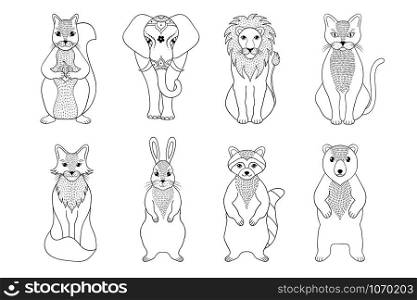 Collection of hand drawn animals in doodle style isolated on white background